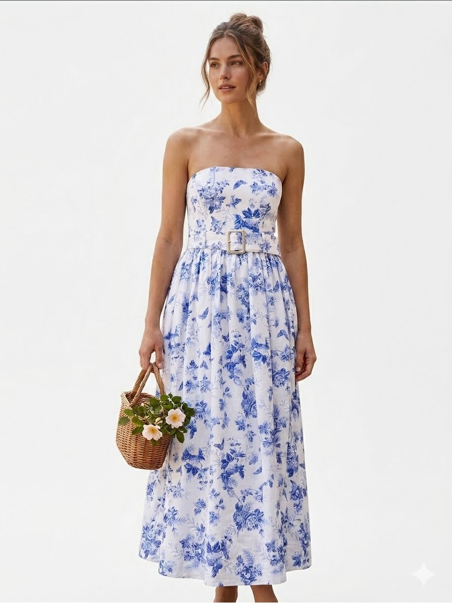 & Other Stories Linen Convertible Midi Dress Blue White Toile Floral Nwt Us 12